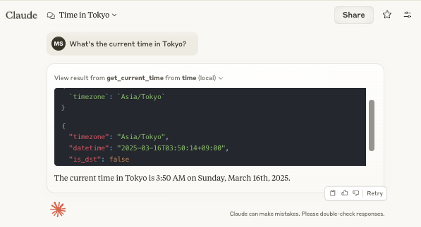 screenshot of claude showing results for: Query: What's the current time in Tokyo?